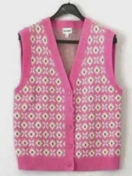Jackets & Blazers - Pink Patterned Button-Up Knit Vest